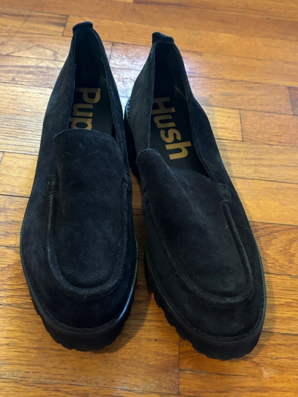 Hush Puppies chunky heeled Black Suede Slip-On Loafers